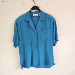 Vintage 80s/90s GALINDA 100% Silk Blue Blouse Shirt with short sleeves, Sz M